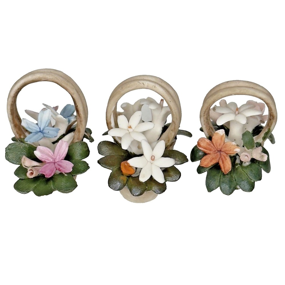 Capodimonte Porcelain Flower Basket Set Italy Vintage Collectible Miniature